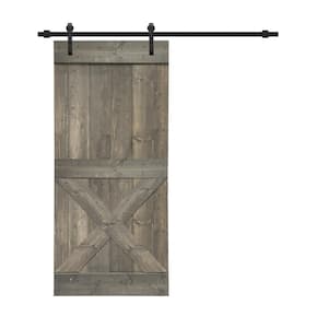 Mini X Series 36 in. x 84 in. Solid Weather Gray Stained Pine Wood Interior Sliding Barn Door with Hardware Kit