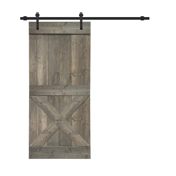 CALHOME Mini X Series 36 in. x 84 in. Solid Weather Gray Stained Pine Wood Interior Sliding Barn Door with Hardware Kit
