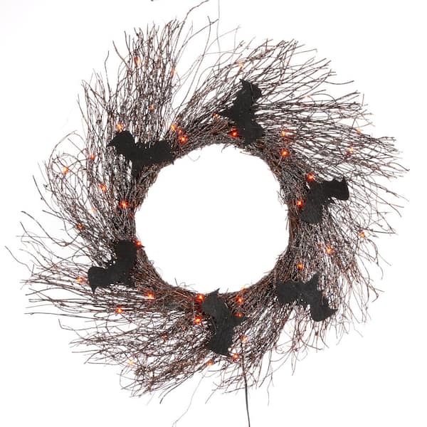 Everlasting Glow Twig 19 .68 in Black Glitter Halloween Wreath with Black Bats and Orange Lights