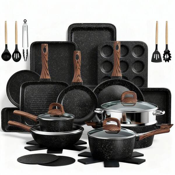 31-Piece Black Nonstick Aluminum Cookware Set with Scratch-Resistant Bakelite Handles for Induction Cooking