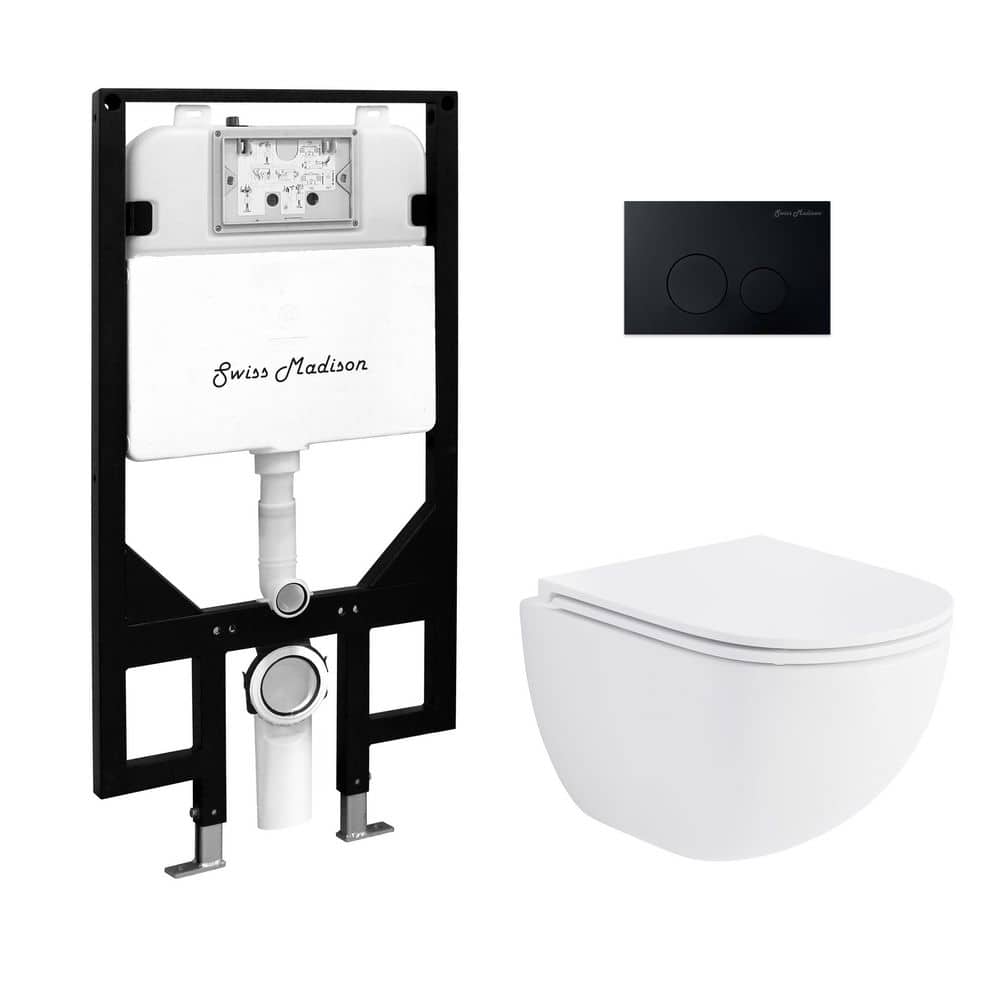 Glossy White Wall Mounted Round Dual Flush Toilet with Black Flush Plate