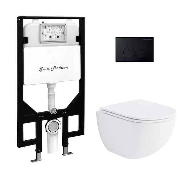 St. Tropez Wall-Hung Toilet, Round, 3-Piece Bundle 0.8/1.6 GPF Dual Flush in Glossy White with Black Flush Plate
