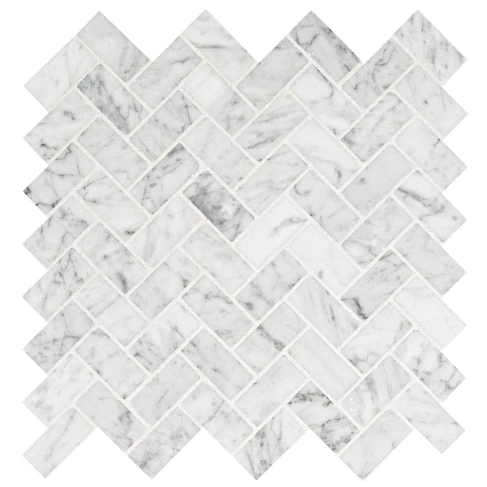 Carrara Herringbone Honed Marble Mosaic Tile – 3/4"x1 3/8", 12"x12" Sheet, For Kitchen Backsplash & Floor