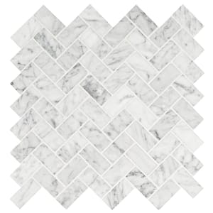 Carrara White Herringbone 12 in. x 12 in. x 0.31 in. Honed Marble Mesh-Mounted Mosaic Tile (9.4 sq. ft./Case)