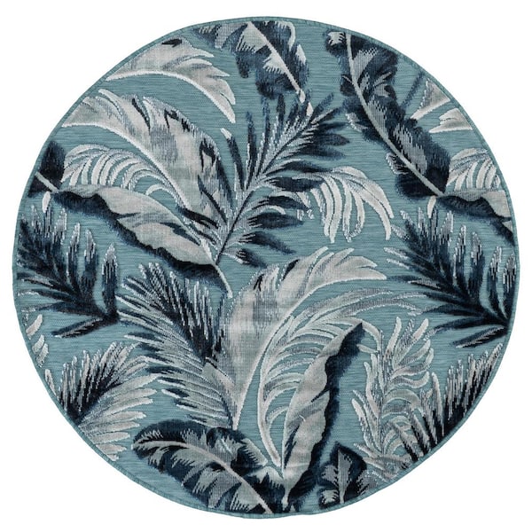 Cabana 4 ft. x 4 ft. Round Aqua/Navy High-Low Leaf Indoor/Outdoor Area Rug