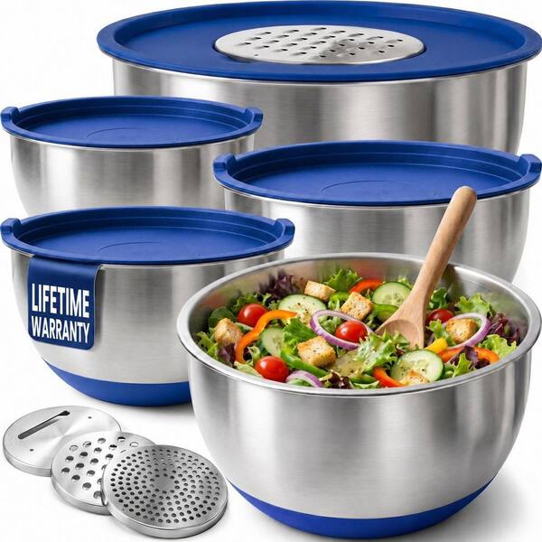 Stainless Steel Mixing Bowls Set with Lids, 3 Grater Attachments, Non-Slip Silicone Base, 1.5-5 Qt, Blue