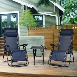 Metal Outdoor Lounge Zero Gravity Chairs in Navy Blue Seat with 1 Side Table (2-Pack)
