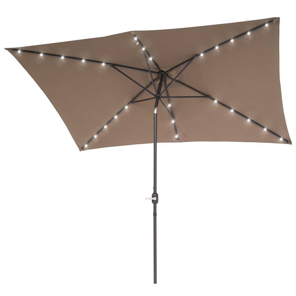 6.5 ft. x 10 ft. Steel Market Tilt Patio LED Umbrella in Brown
