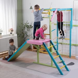 Avenlur Grove Indoor Wooden Jungle Gym Monkey Bars and Rope Wall Net, Ladder, Climber, Slide, Ring Set - Colorful