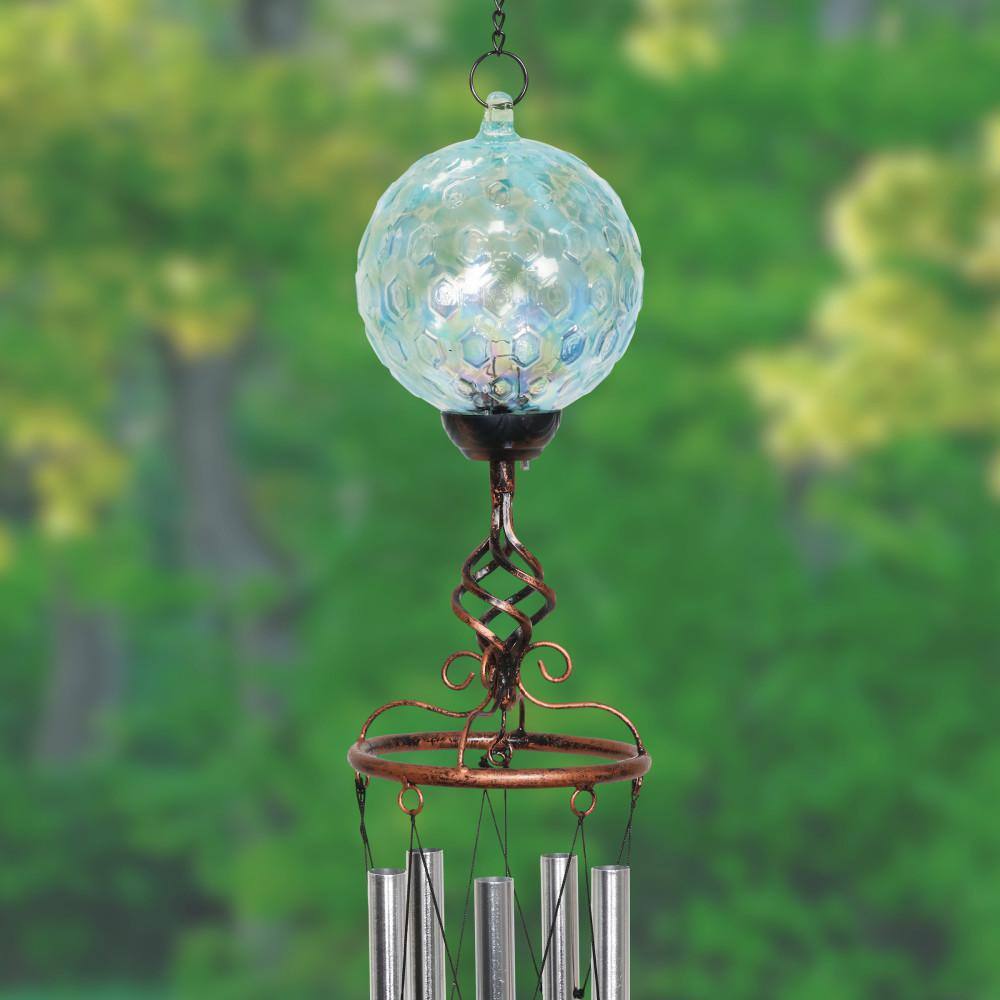 Light Blue Solar Pearlized Honeycomb Glass Wind Chime with Metal Finial