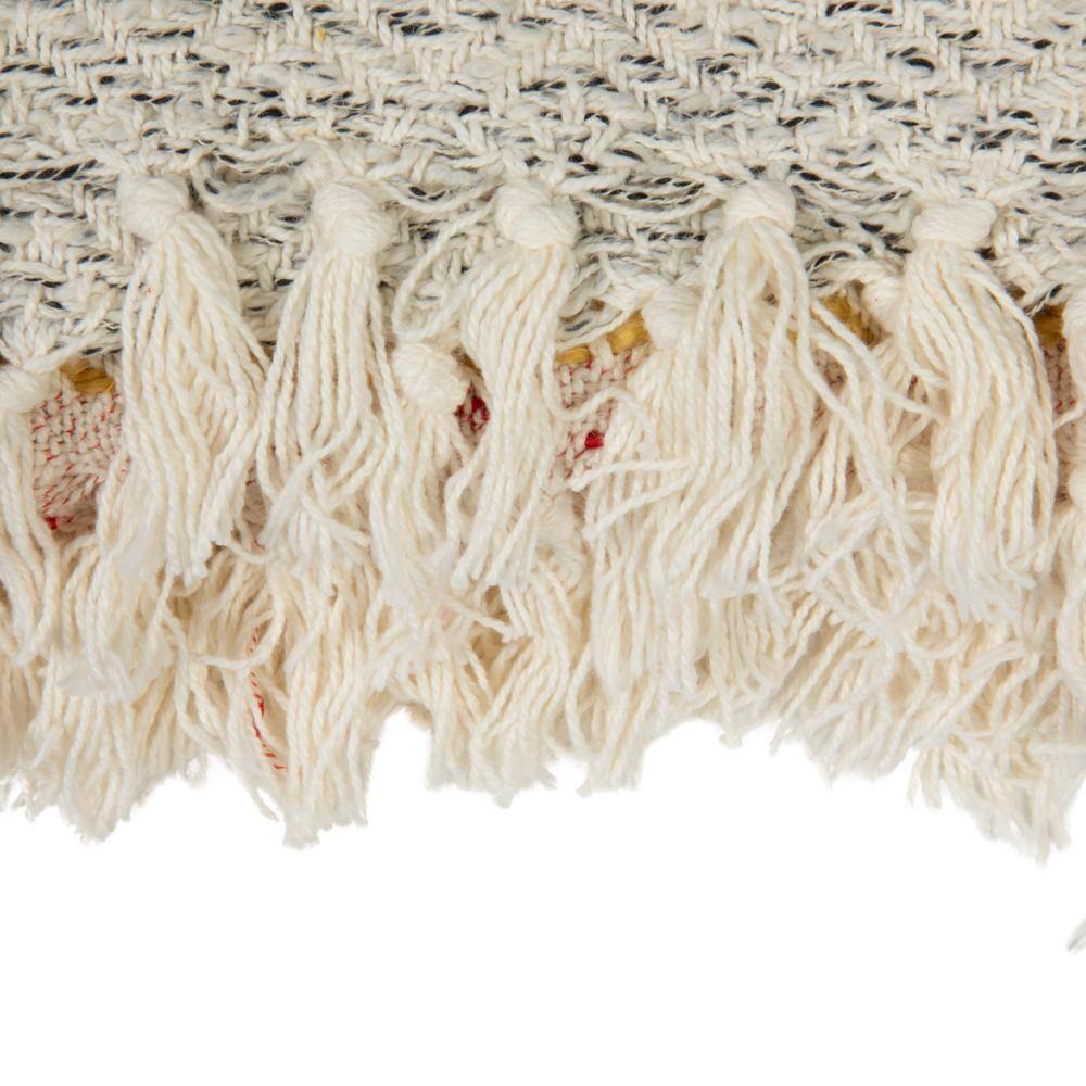 Multicolor Woven Cotton Striped and Embroidered Throw Blanket with Fringe