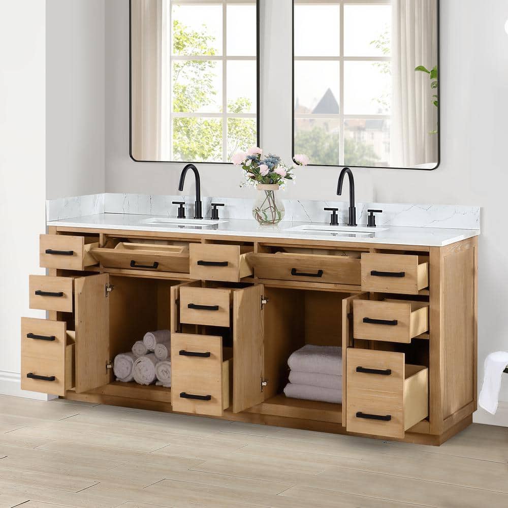 Gavino 84" Light Brown Wood Vanity with Composite Stone Top