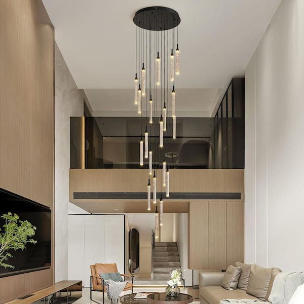 20-Light Dimmable Integrated LED Black Adjustable Long Attic Chandelier with Crystal Lamp Strips for Living Room Foyer