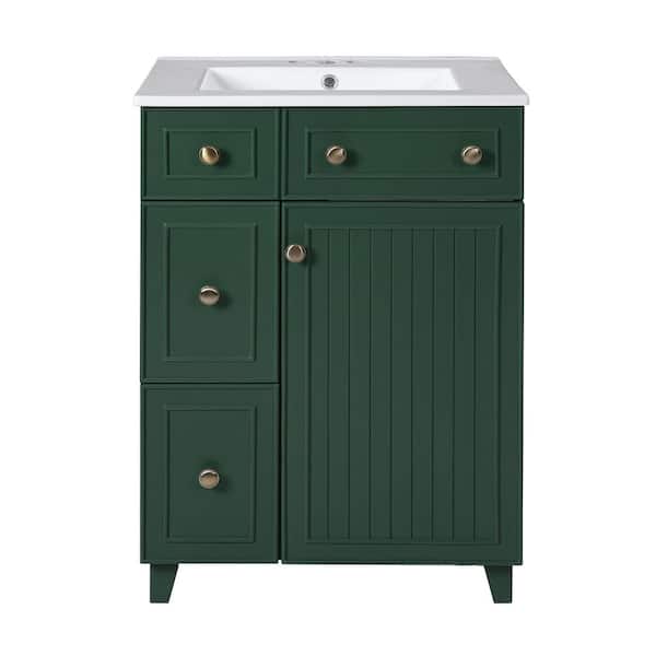 24 in. Freestanding Frosty Green Bath Vanity with White Ceramic Top Unassembled