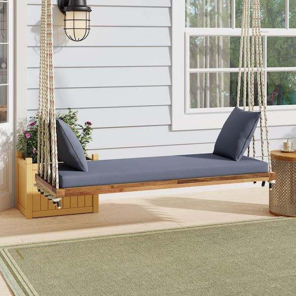 2-Person Brown Wood Porch Swing Bench with Gray Cushion and 10.8 Ft Hemp Ropes for Garden