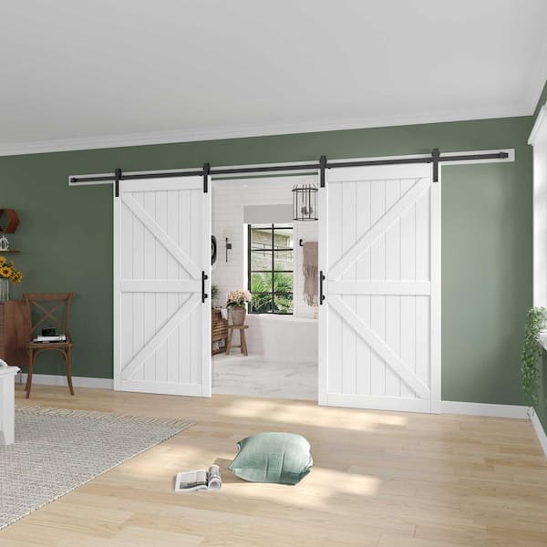 84 in. x 84 in. (Double 42 in. Doors) British K Shape White MDF Sliding Barn Door with Hardware Kit