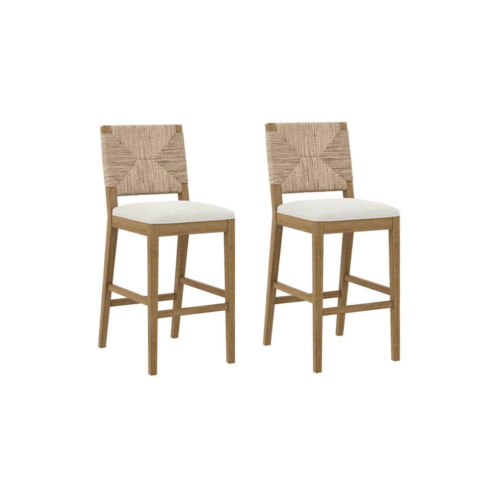Beacon Light Brown Wood Bar Stool with Cream Boucle Upholstery