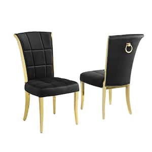 Alondra Black Velvet Fabric Side Chairs Set of 2 With Gold Chrome Legs And Back Ring Handle