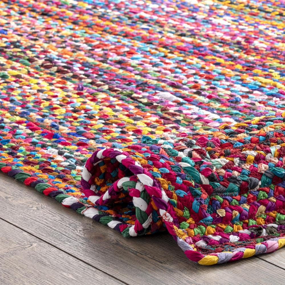 Handmade Rainbow Stripe Braided 6' Cotton Round Area Rug