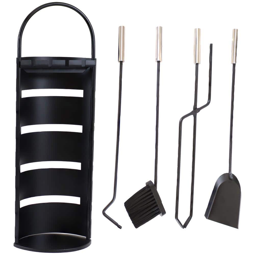 Modern Black Carbon Steel Fireplace Tool Set with Stainless Steel Handles
