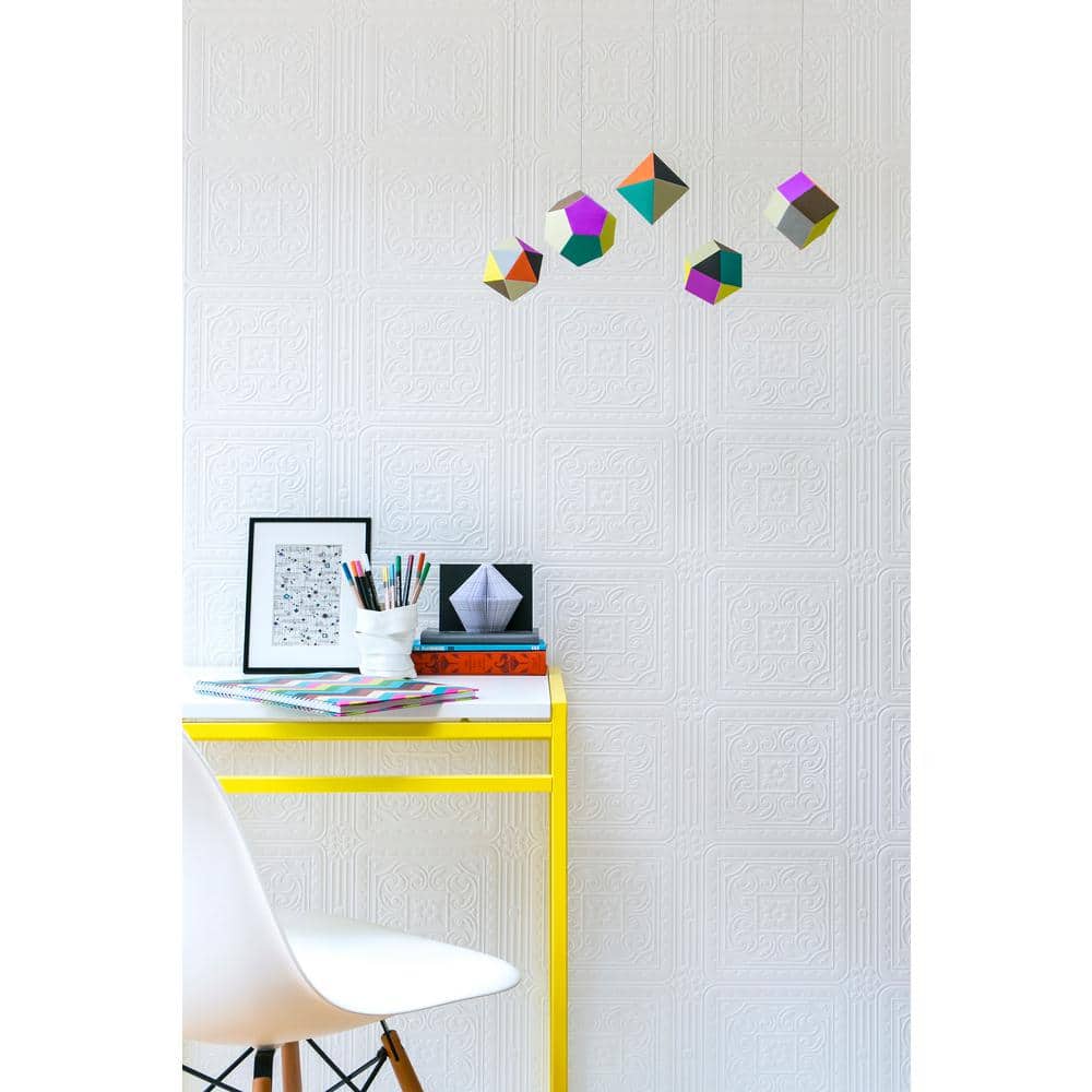 White Embossed Paintable Vinyl Tile Wallpaper, Per Bolt