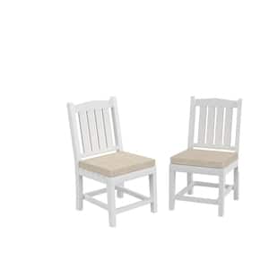 Pearl White Plastic Outdoor Dining Armless Chair with White Bean Cushions (2-Pack)
