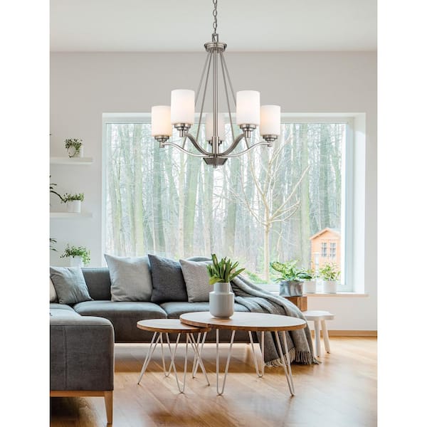 5-Light Satin Nickel Chandelier with Etched White Glass
