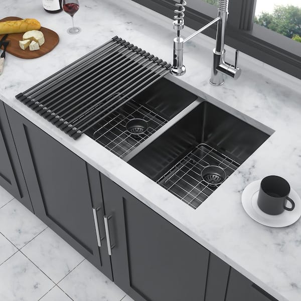 33 in. Undermount Double Bowl (60/40) 16 Gauge Gunmetal Black Stainless Steel Kitchen Sink with Bottom Grids