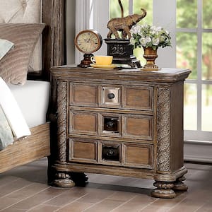 Nevva 3-Drawer Rustic Natural Tone Nightstand (29 in. H x 30 in. W x 17 in. D With Mirrored Accents