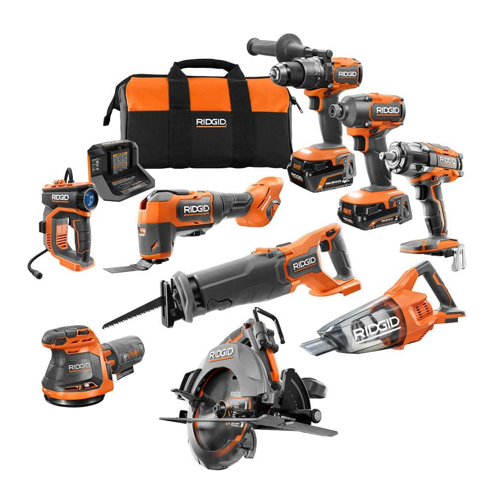 RIDGID 18V Cordless 9-Tool Combo Kit with (2) 4.0 Ah Batteries and ...