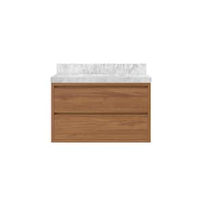 Madison Float 36 in. W x 22 in. D x 36 in. H Bathroom Vanity Center Sink in Dark Natural with 2 in. Carrara Marble