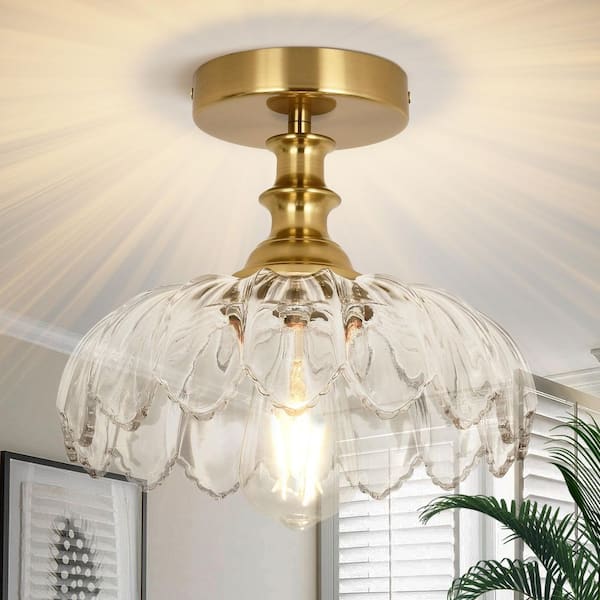 Essel 10.23 in. 1-Light Gradient Blue Mid-Century Semi-Flush Mount with Flower Glass Shade for Dining Room Foyer