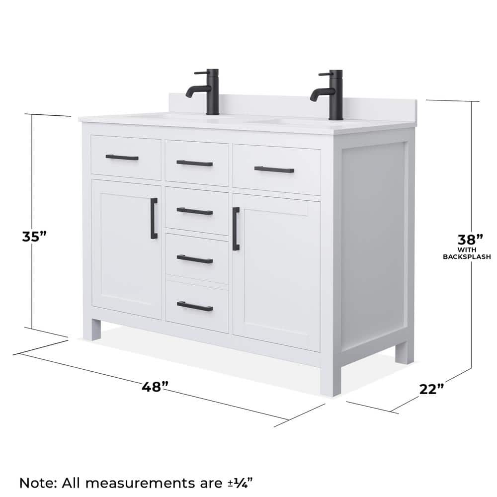 White Cultured Marble Freestanding Double Bathroom Vanity with Matte Black Hardware