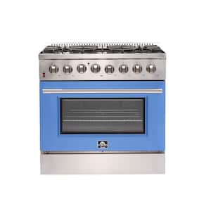 Galiano 36 in. 5.36 cu. ft. Freestanding Gas Range with 6 Burners and Electric Oven in. Stainless Steel with Blue Door