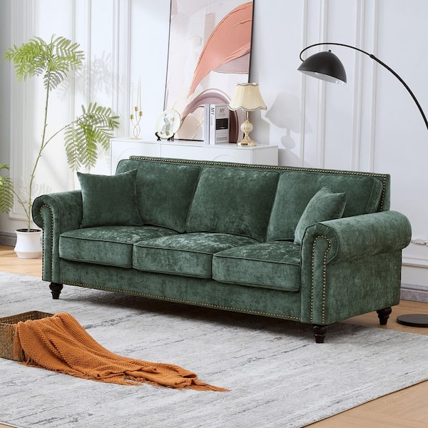 Fern 86.5 in. Rolled Arm Chenille Rectangle 3 Seater Sofa in Green with Nailhead Trim, Pillows, Wood Legs