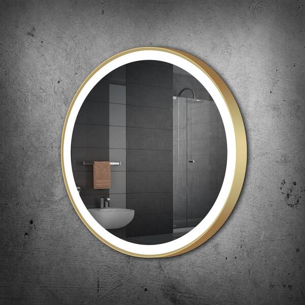 Unbranded 32 in. W x 32 in. H Round Gold Framed Wall Mounted Bathroom Vanity Mirror 3000K LED