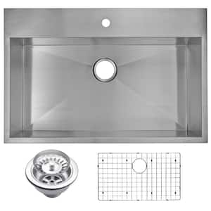 Drop-In Stainless Steel 33 in. 1 Hole Single Bowl Kitchen Sink with Strainer and Grid in Satin