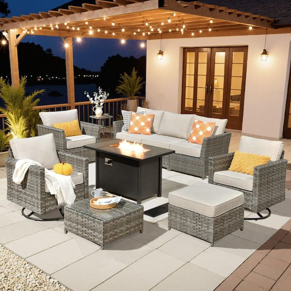 XIZZI Boreas 10-Piece Wicker Patio Rectangular Fire Pit Set with Beige Cushions and Swivel Rocking Chairs