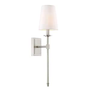 Torche 5 in. 60-Watt 1-Light Brushed Nickel Transitional Wall Sconce with Linen Shade