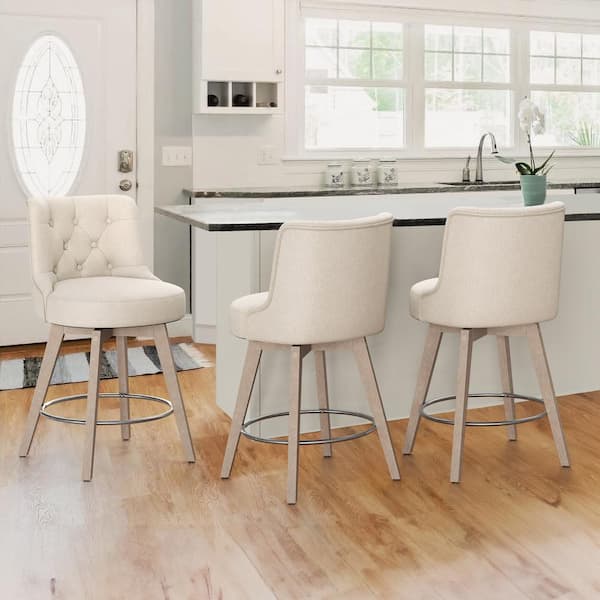 Rowland 26.5 in Seat Height Line Upholstered Fabric Counter Height Solid Wood Leg Swivel Bar stool（Set of 3）