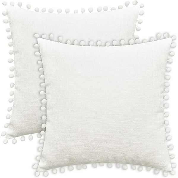 Unbranded Outdoor Throw Pillow Cases Cozy Solid Dyed Soft Chenille Cushion Covers with Pom Poms Pack of 2