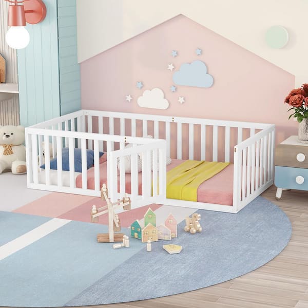 White Twin Size Montessori Bed with Fence and Door, Toddler Floor Bed Frane Twin Size, Floor Bed frame for Kids