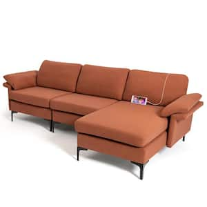 100.5 in. W Square Arm 3-Piece Lint Fabric Modern Modular L-Shaped Sectional Sofa with Reversible 2-USB Ports Red