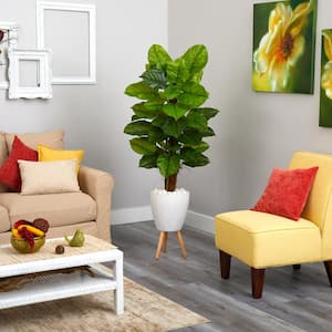 60 in. Large Leaf Philodendron Artificial Plant in White Planter with Stand (Real Touch)