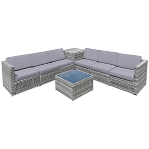8-Piece PE Wicker Outdoor Patio Conversation Sofa Set with Gray Cushions