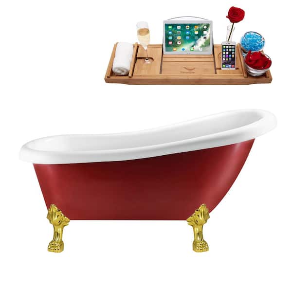 Streamline 61 in. Acrylic Clawfoot Non-Whirlpool Bathtub in Glossy Red With Polished Gold Clawfeet And Matte Black Drain