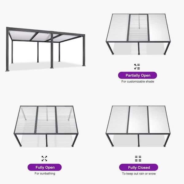 11.7 ft. x 18.2 ft. Gray Aluminum Outdoor Louvered Pergola with 3 White Individual Adjustable Roofs and In-Built Gutter