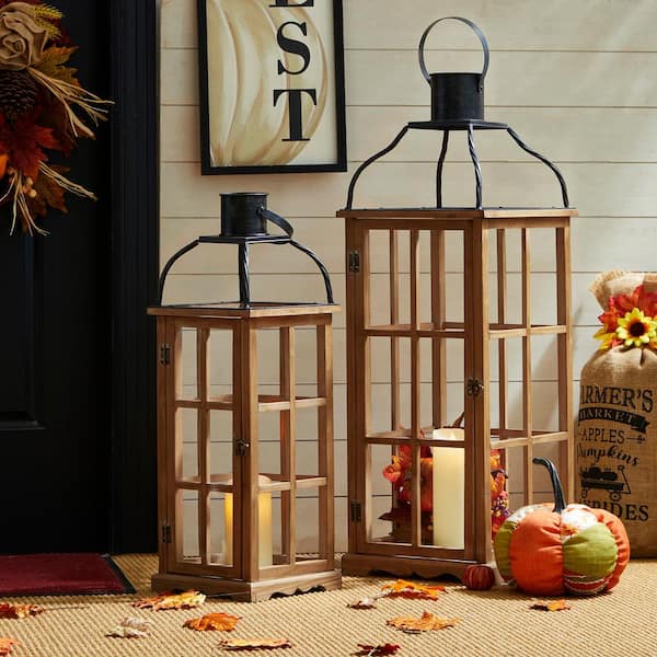 Glitzhome Oversized Farmhouse Wood/Metal Natural Lanterns (Set of 2)