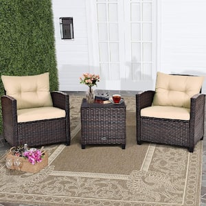 3-Piece Rattan Wicker Patio Conversation Set Sofa Coffee Table with Yellowish Cushions