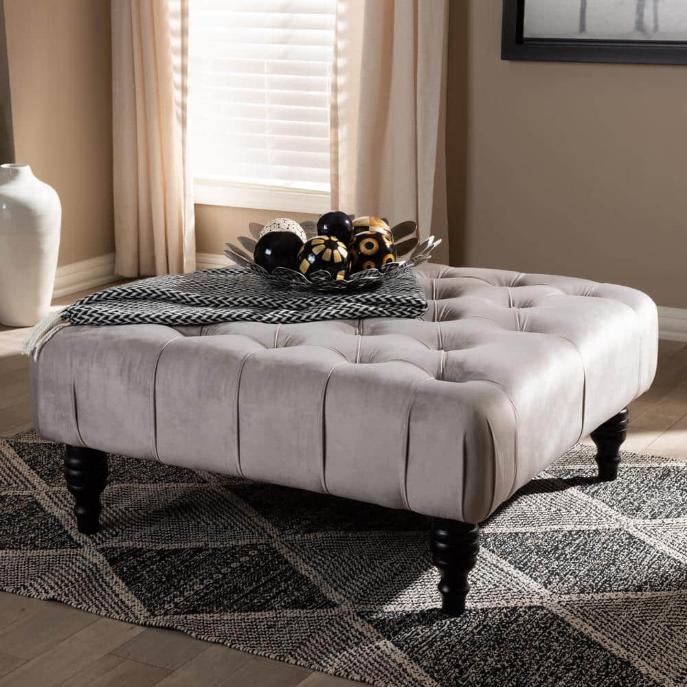 Keswick 36" Grey Velvet Tufted Cocktail Ottoman with Eucalyptus Wood Legs